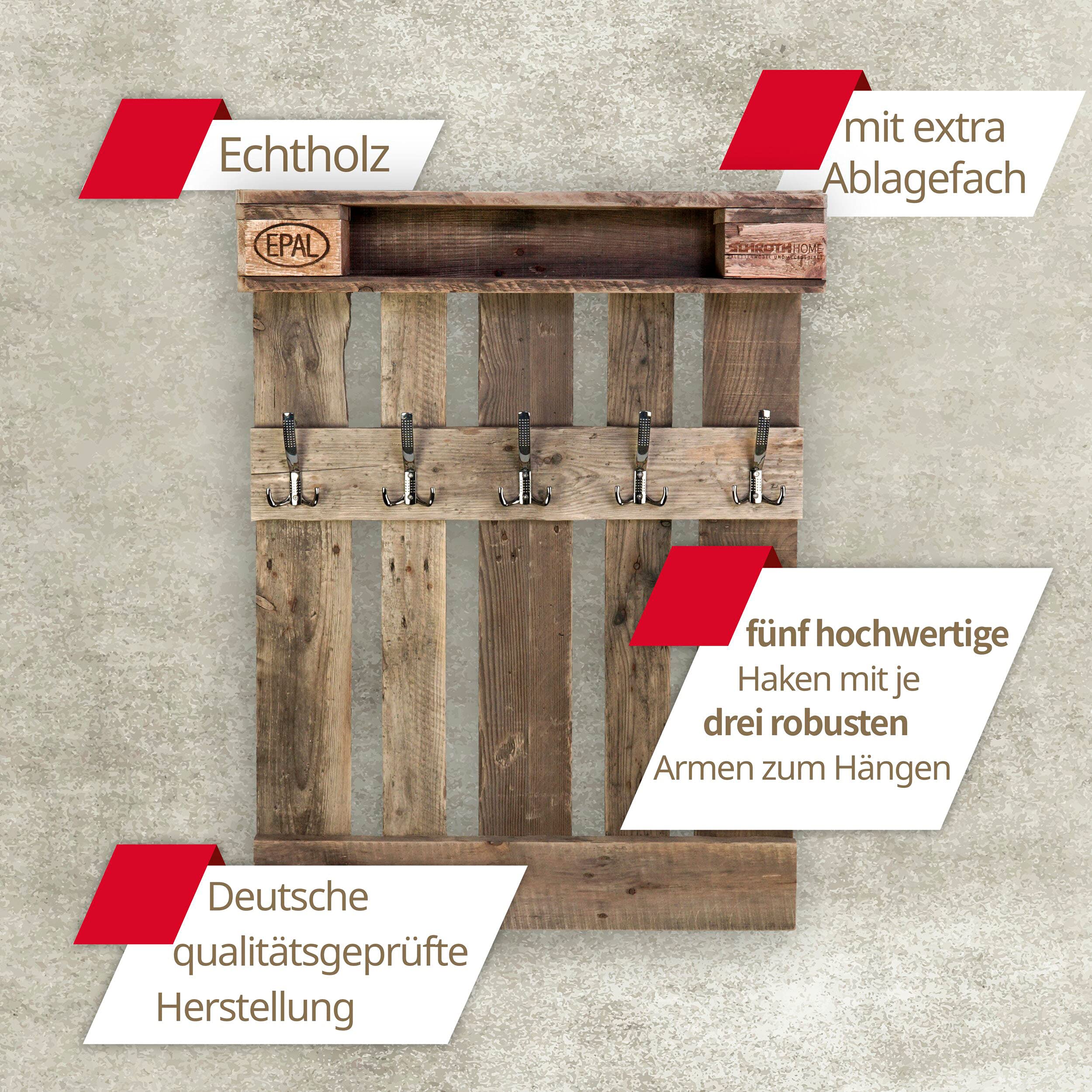 Schroth Home PALrobe Maxi 120 x 80 x 14 cm – Wandgarderobe mit Ablage – Vintage-Garderobe aus Holz – mit Haken