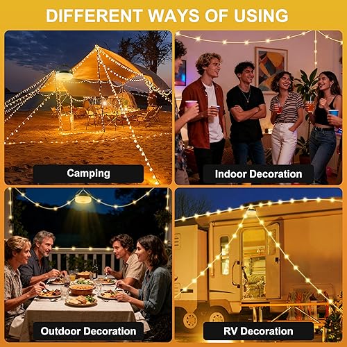 Miniatura 4 de Cadena de luces solares para campamento, retráctil, impermeable, 33 pies, luz LED de campamento con 8 modos de luz, recargable de 3000 mAh, funciona