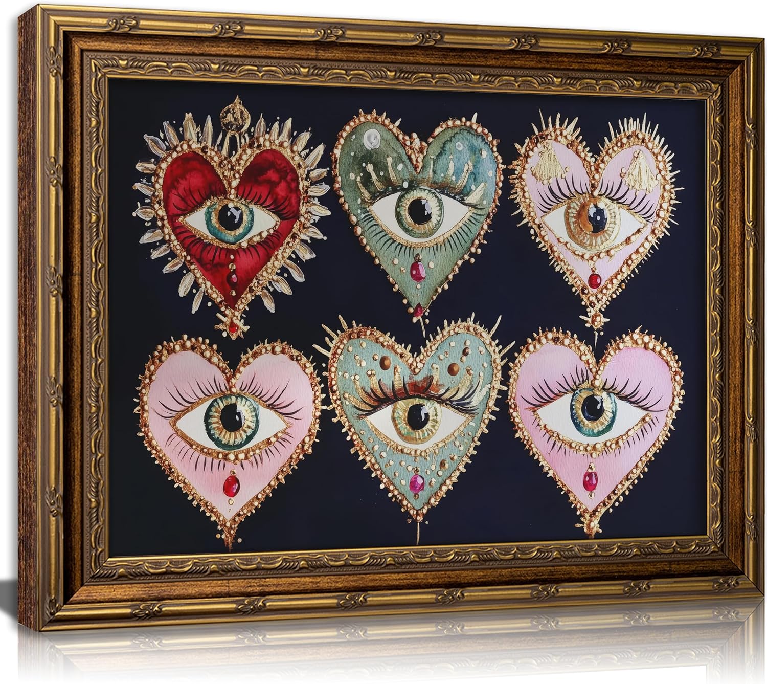 Vintage Gold Framed Gothic Wall Art Maximalist Witchy Psychedelic Eyes Canvas Prints Dark Academia Poster Eclectic Love Heart Jewel Gem Painting Picture Artwork for Bedroom Living Room Decoration
