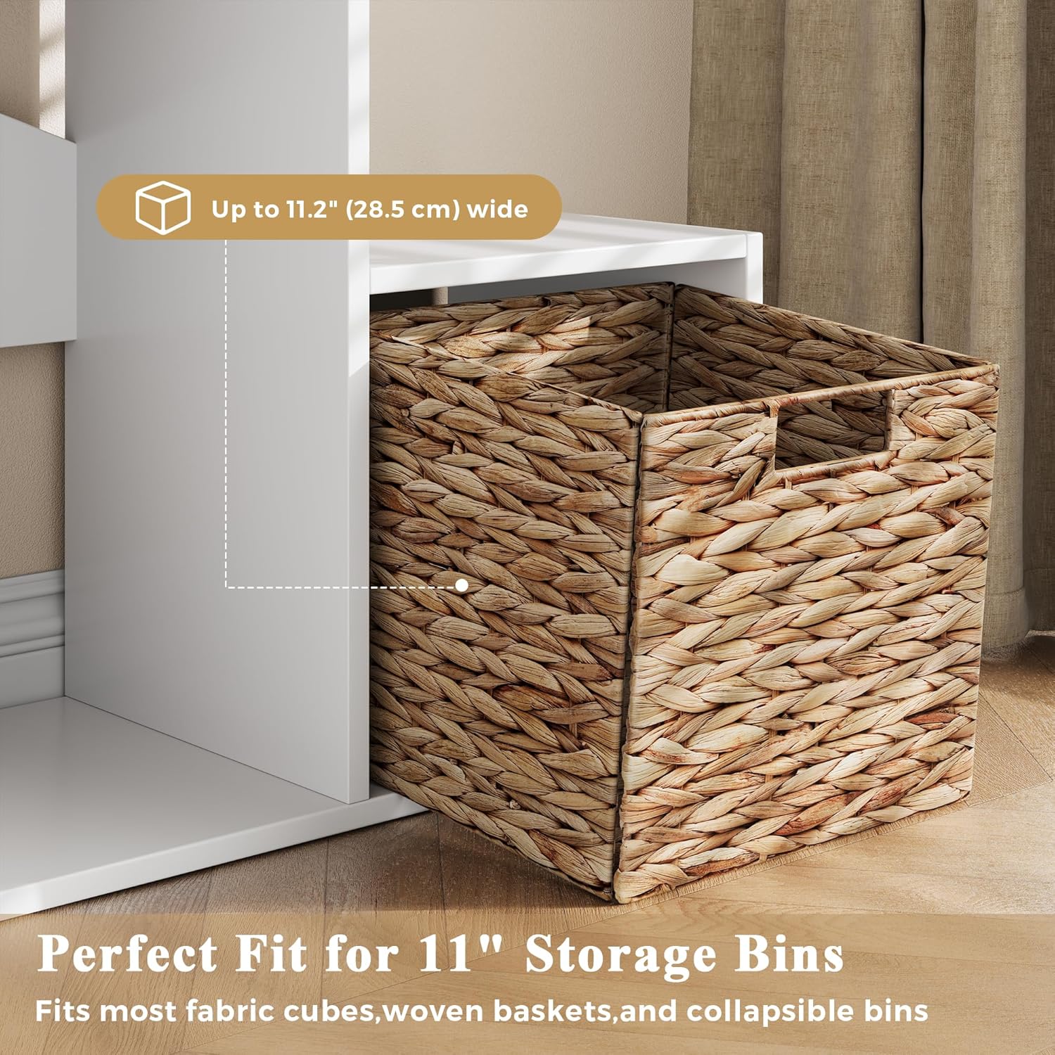 6 Cube Storage Organizer, Wooden Storage Shelves Bookcase with Back Panels, Stackable Display Bookshelf Includes 2 Wicker Baskets for Living Room, Bedroom, Study, Hallway, White