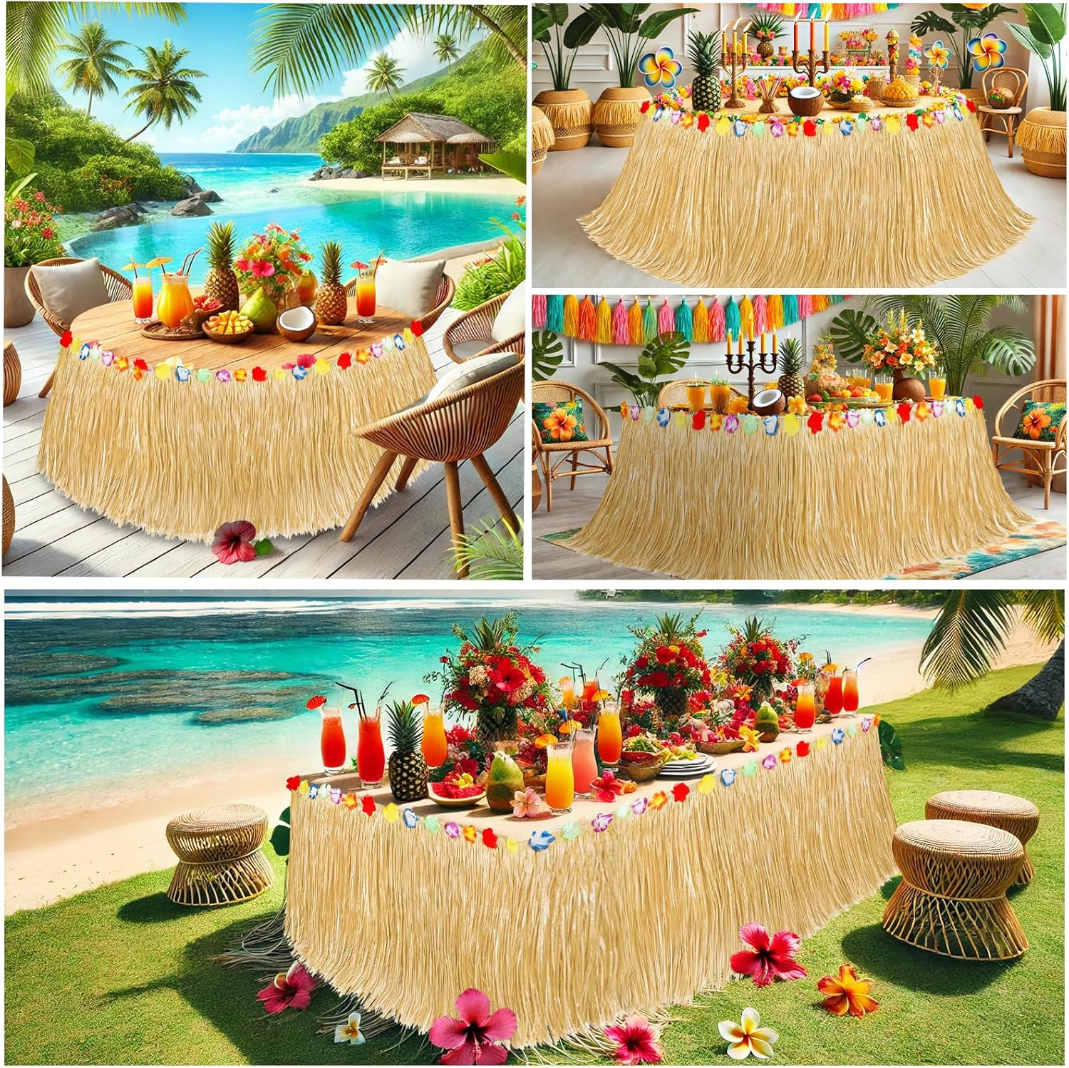 Luau Party Decorations, Grass Table Skirt for Tropical Hawaiian Party Decorations, Flower 72.8'' X 29.5'' Hawaiian Luau Party Favors & Aloha Summer Beach Themed Party Decorations Suppplies - Image 7