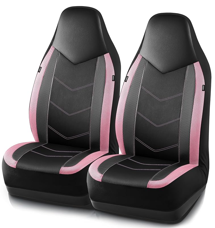 Capas para Bancos Automotivos PIC AUTO em Couro, Mesh e Fibra de Carbono, Dianteiras, Compatíveis com Airbag, Rosa, 2 peças