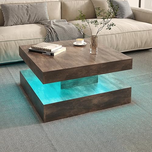 Miniatura 7 de Mesa de centro LED para sala de estar, mesa de sala de estar, mesa central cuadrada de 2 niveles, mesas de centro modernas con almacenamiento, mesas
