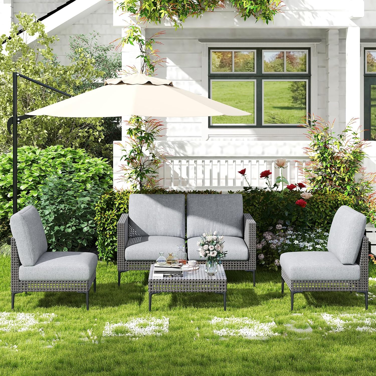 Jocoevol Outdoor Patio Sofa Conversation Set–Rattan 4 Seats Comfortable Couch for Garden, Yard, Weatherproof–Includes Glass Table, Armless Chairs, and Two-Seater Sofa