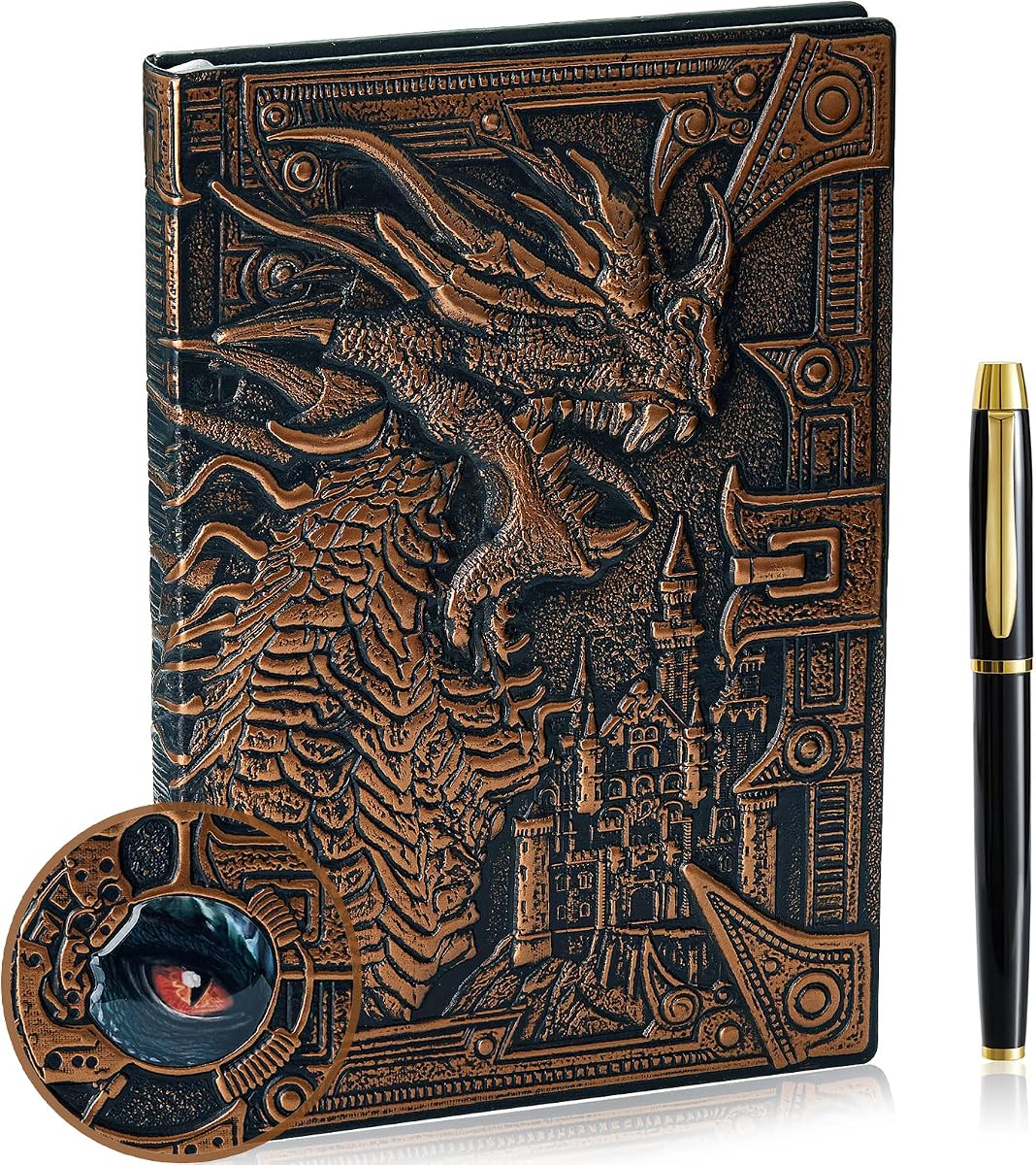 Cuaderno de escritura con diseño de dragón en relieve 3D con juego de bolígrafos, diario DND de tapa dura, bloc de notas diario hecho a mano, diario de viaje, accesorios RPG, regalo para jugadores de DM y D&D, hombres y mujeres