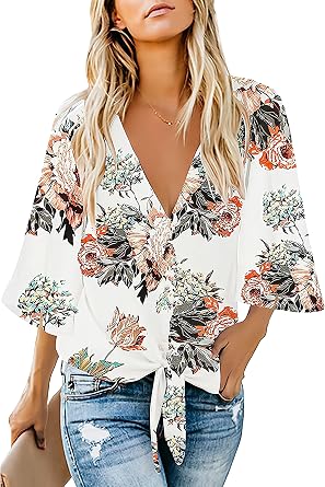 Womens Casual Floral Blouse Batwing Sleeve Loose Fitting Shirts Boho Knot Front Tops