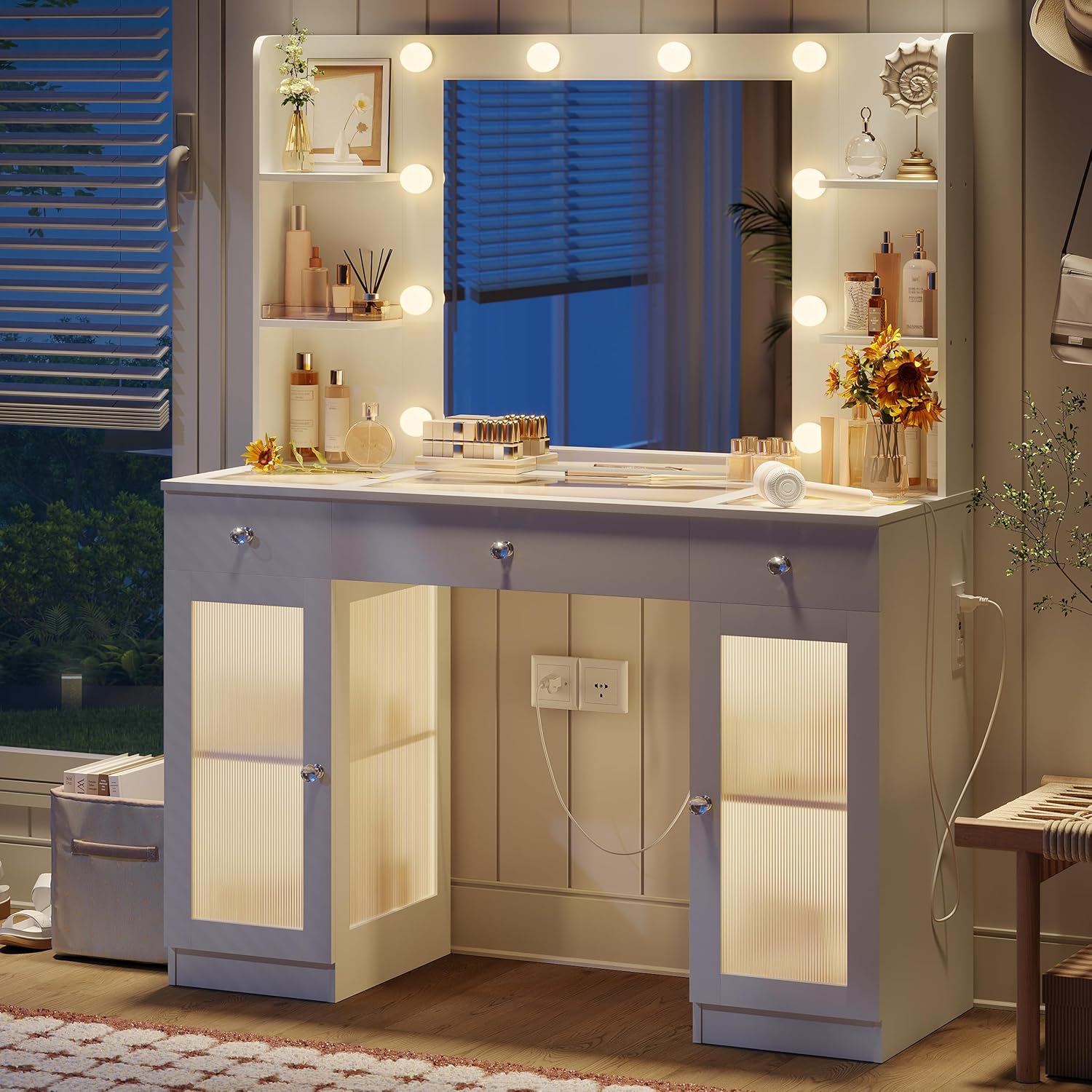 Makeup Vanity Desk with Mirror and Lights, Glass Top Vanity with 2 Taller Acrylic Cabinets & 3 Lighted Drawers & 4 Shelves, Girls Dressing Table with Power Outlets & Hollywood Bulbs for Bedroom, Oak