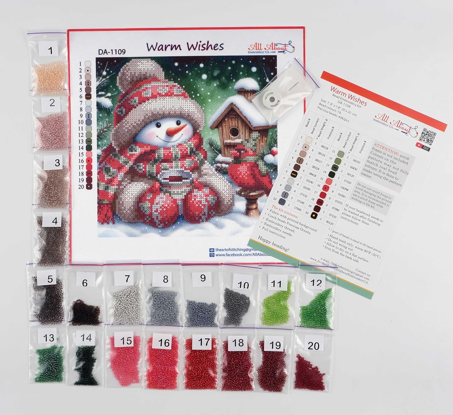 AllAboutEmbroideryUA Bead Embroidery kit Snowman DA-1109 Beaded Cross Stitch Christmas Beadwork Needlework