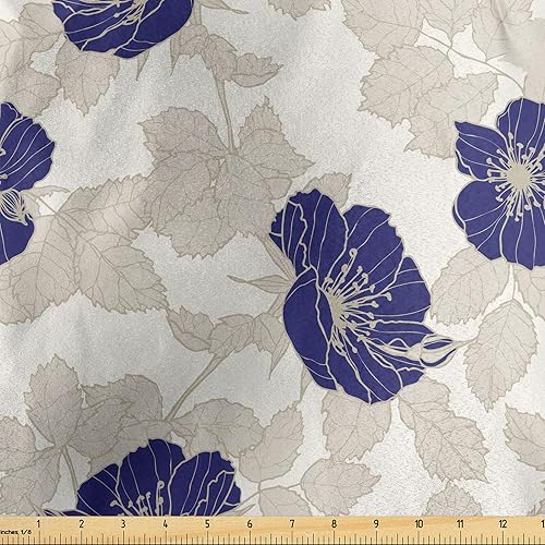 Ambesonne Flower Fabric by The Yard, Blooming Dog Roses with Leafy Stems Art Nouveau Inspirations, Decorative Satin Fabric for Home Textiles and