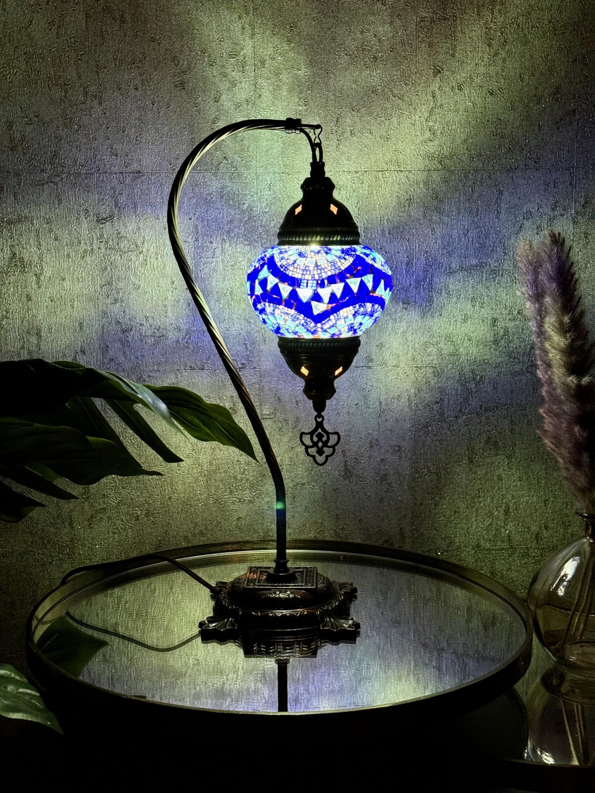 Lightza Handmade Turkish Moroccan Mosaic Desk Lamp LED Bulb | Swan Neck Unique Globe Lampshade Table Light | UK Tested Safe Energy Efficient (Blue-2) โ image 1