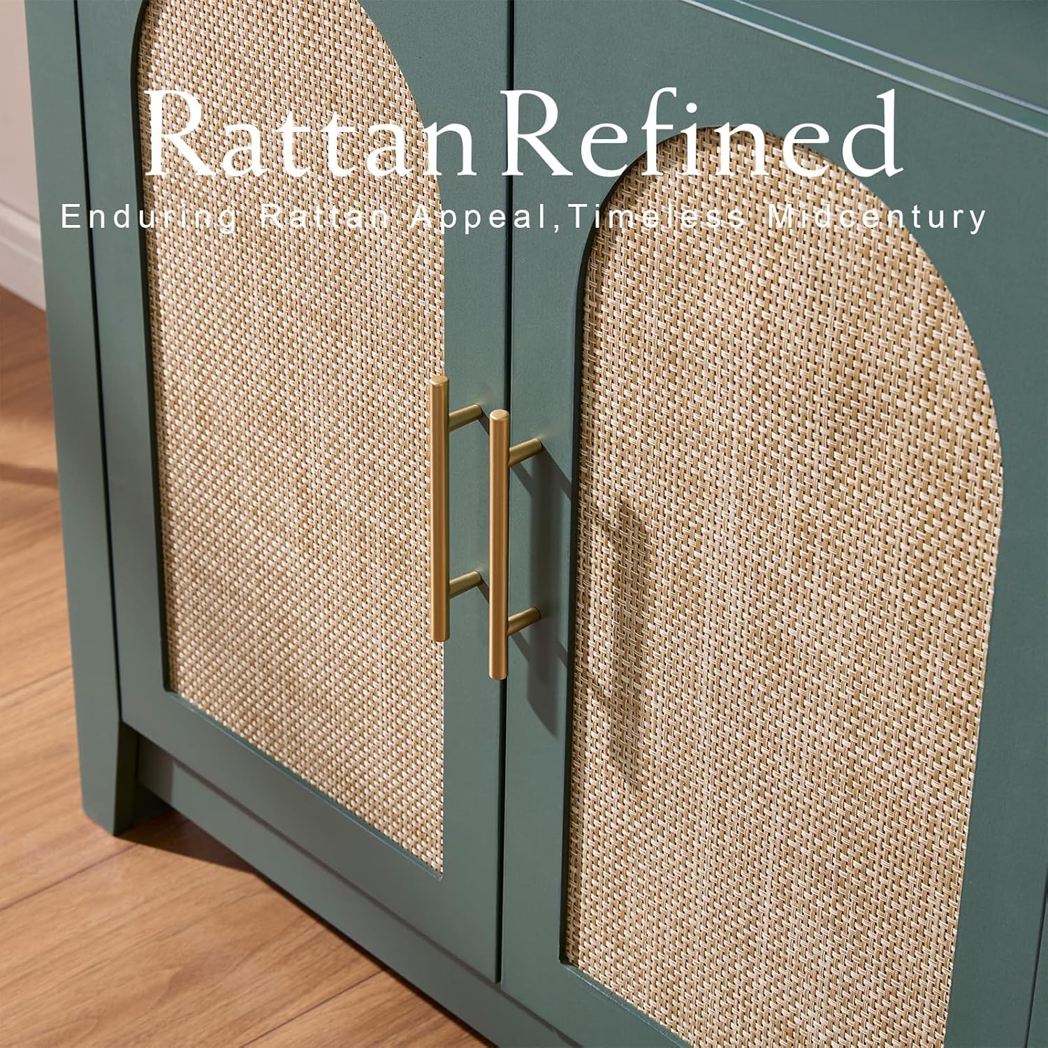 Rattan Arched Cabinet Bookshelf - 69.3” Tall Mid Century Display Cabinet, Rounded Bookcase with Rattan Doors, Open Shelf Storage for Dining Room (Green, 1 PC)