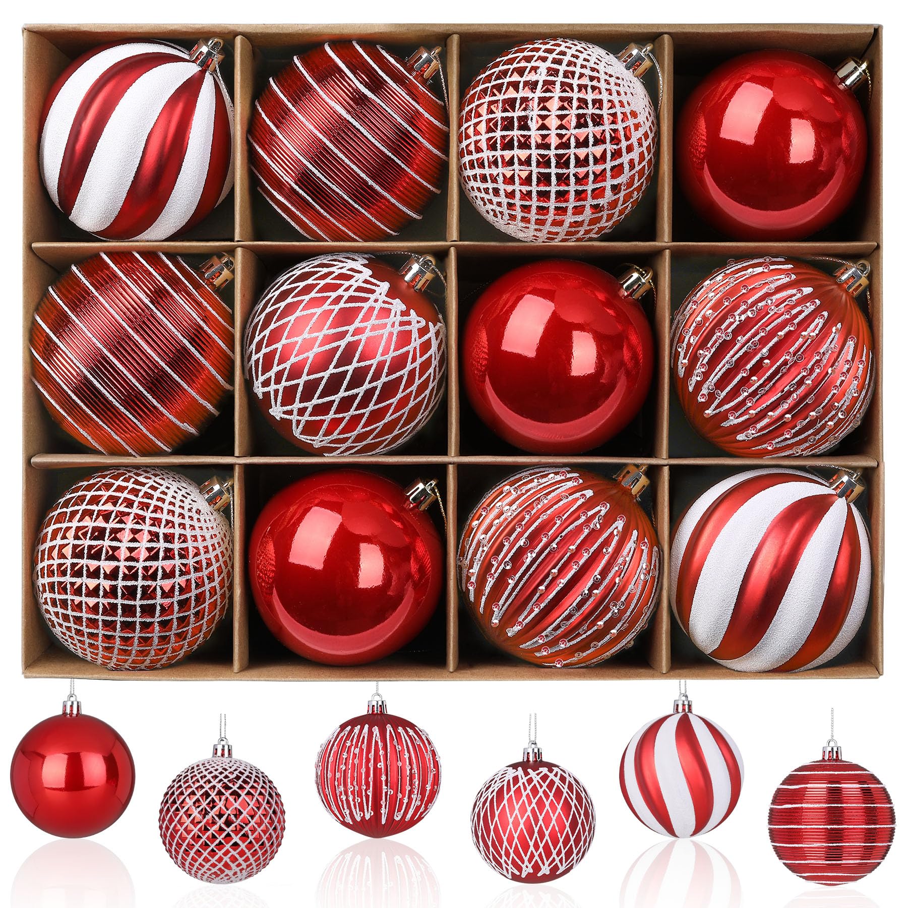 SHareconn 80mm Christmas Balls Ornaments,12PCS Colored Shatterproof Plastic Decorative Hanging Tree Decorations Baubles Set for Xmas Tree Decor Holiday Party Wedding Decoration with Lanyard, Red&White