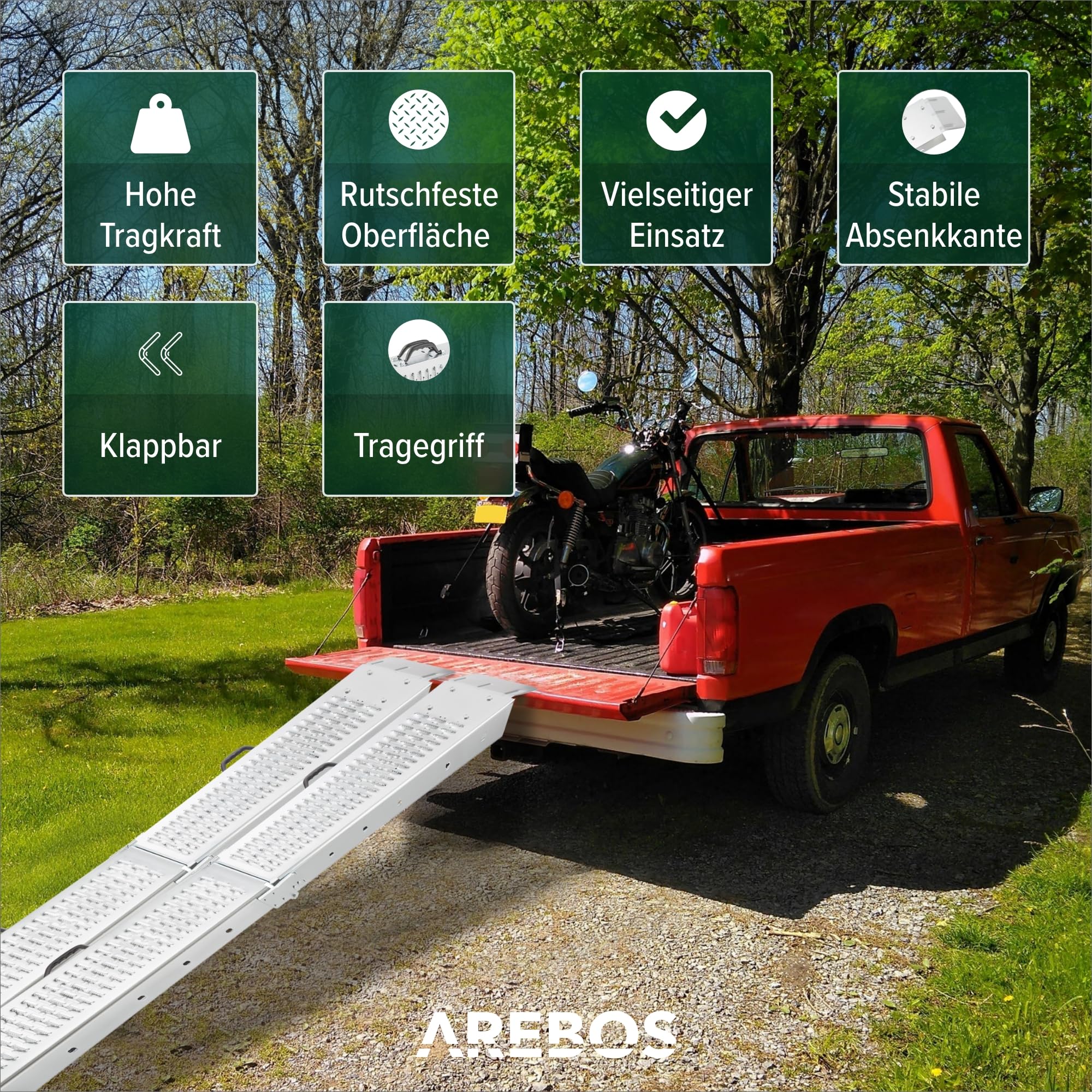 Arebos 2X Faltbare Auffahrrampen | Stahl Rampe bis 400 kg belastbar,rutschfest,perforiert | Laderampe für Auto oder Anhänger Auffahrrampe für Motorrad, Rasentraktor, Rollstuhl, Fahrrad | 180 cm
