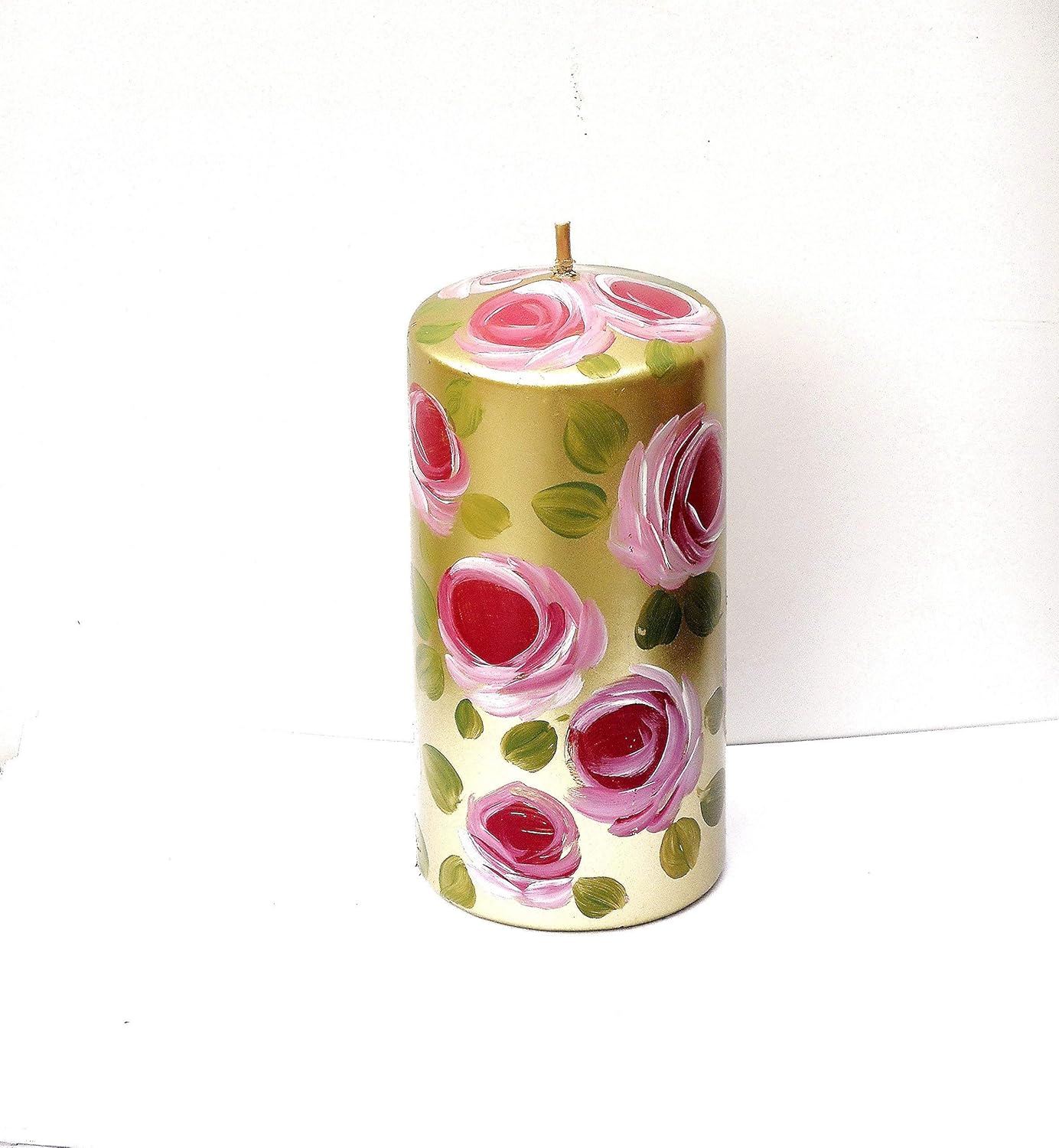 Limited Edition Unique Dripless Unscented Romantic Decorative Large Metallic Gold 6 Inch Tall Pillar Candle with Hand Painted Pink Roses and Green Leaves