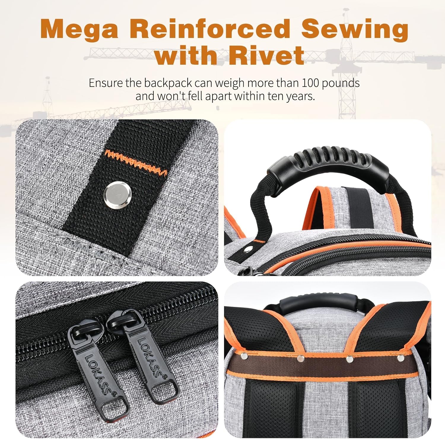 Tool Backpack Bag, Durable Electrician Backpack Tool Bag for HVAC with Waterproof Molded Base, Construction Work Heavy Duty Tools Organizer Bags with Combination Lock Large - Gray