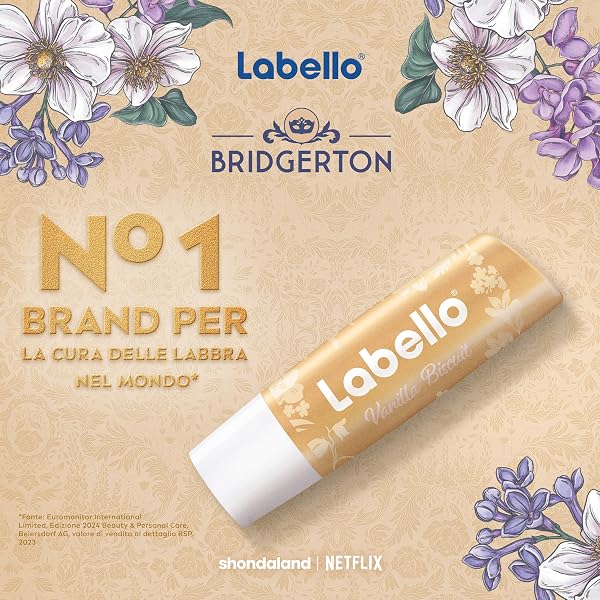 Labello Bridgerton Limited Edition Vanilla Biscuit 4.8g, Limited Edition Romantic Design Colorful Lip Balm, Lip Balm Moisturizing 24h Vanilla Flavour - 5