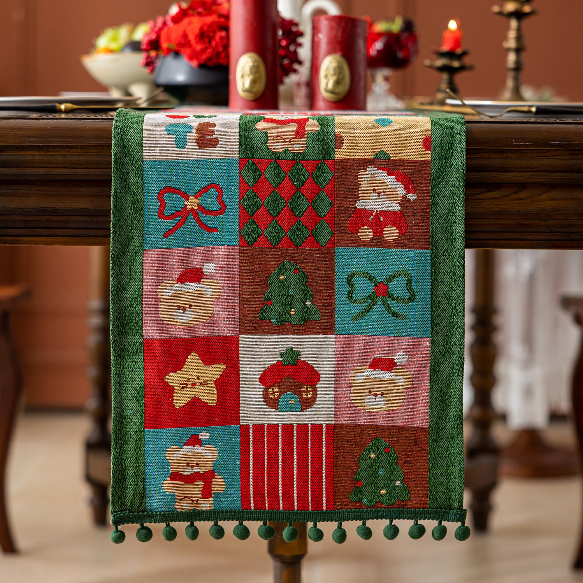 Runner da tavola natalizio con nappe con pompon, misto cotone e lino, decorazione da tavolo per tavolo da pranzo, comò, camino e feste natalizie (verde orso, 34,8 x 240 cm)