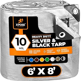 Heavy Duty Poly Tarp - 6' x 8' - 10 Mil Thick Waterproof, UV Blocking Protective Cover - Reversible Silver and Black - Laminated Coating - Grommets - by Xpose Safety