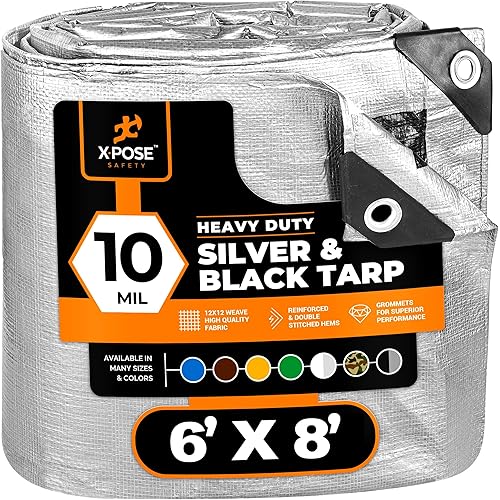 Heavy Duty Poly Tarp - 6' x 8' - 10 Mil Thick Waterproof, UV Blocking Protective Cover - Reversible Silver and Black - Laminated Coating - Grommets - by Xpose Safety