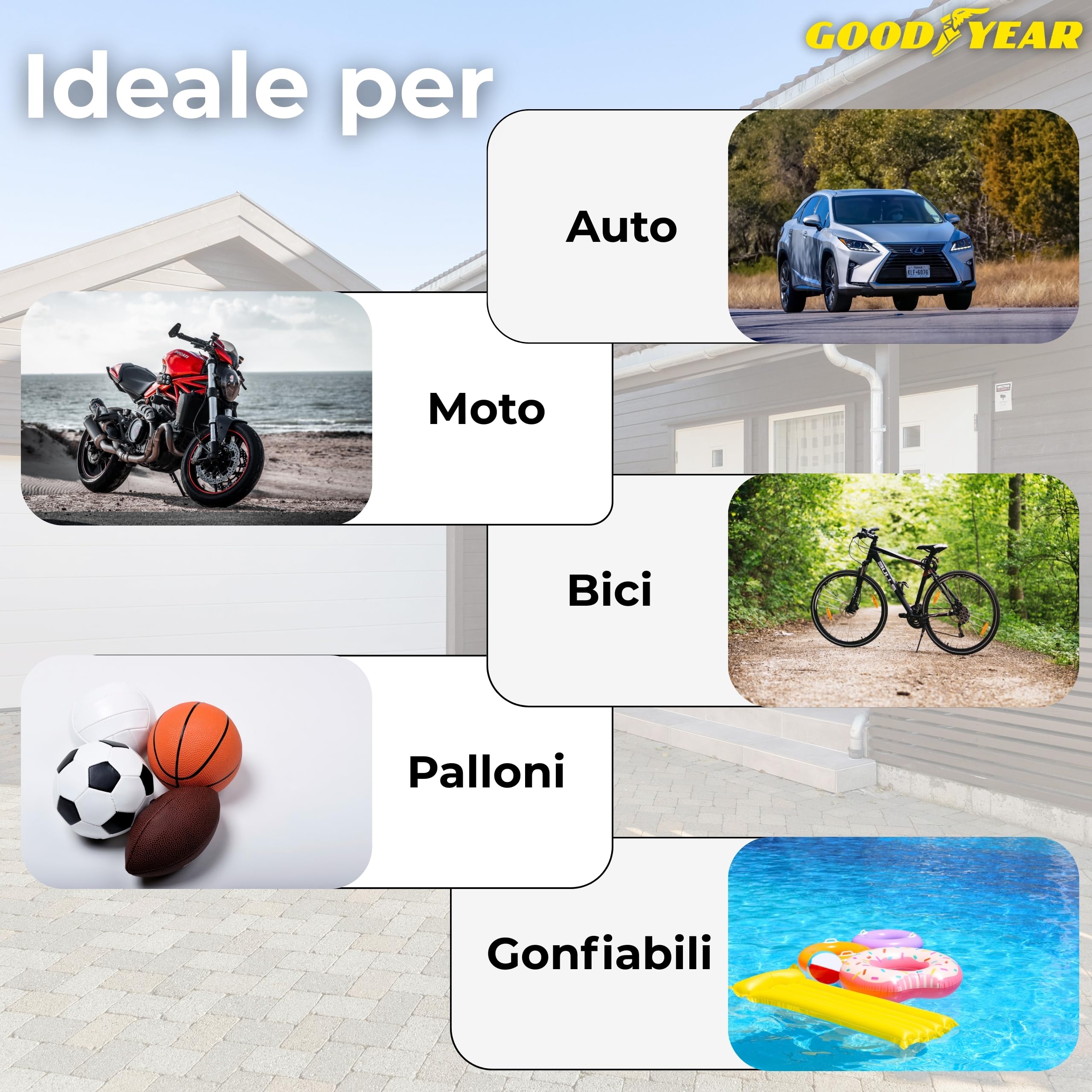 Goodyear Pompa a Pedale Doppio Cilindro con Manometro – Gonfiatore Portatile per Bici, Auto, Moto, Palloni e Gonfiabili – con Attacchi e Adattatori Inclusi