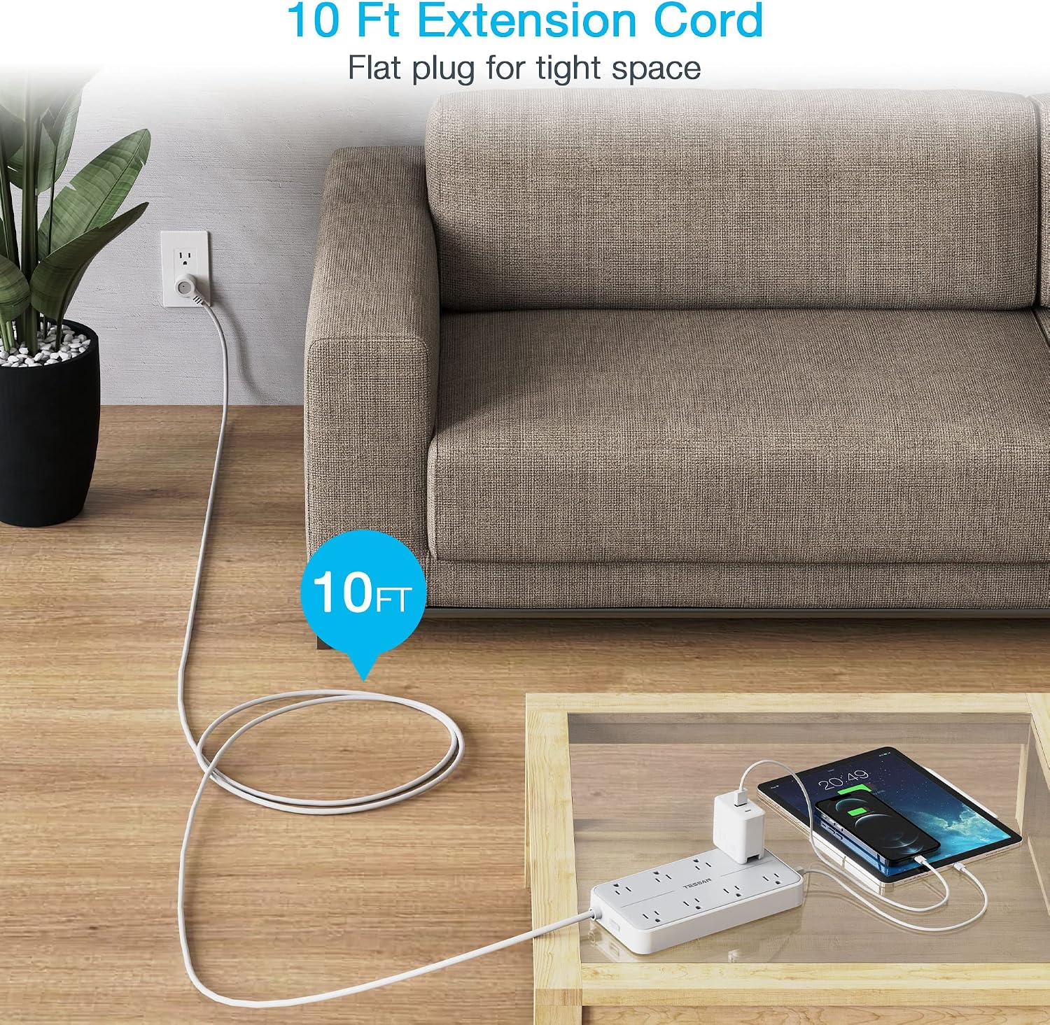 Flat Plug Extension Cord 10 FT, TESSAN Surge Protector Power Strip with 8 AC and 3 USB Ports, 1875W, 15A, 1080J, Wall Mount Widely Spaced Charging Station for Home, Office, Indoor, School, Dorm Room