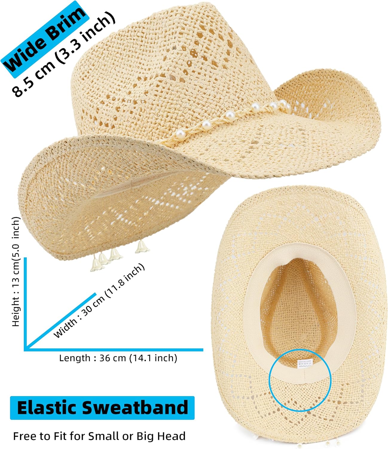 Straw Beach Cowboy Hat for Women Shapeable Brim Western Cowgirl Hat - Image 4