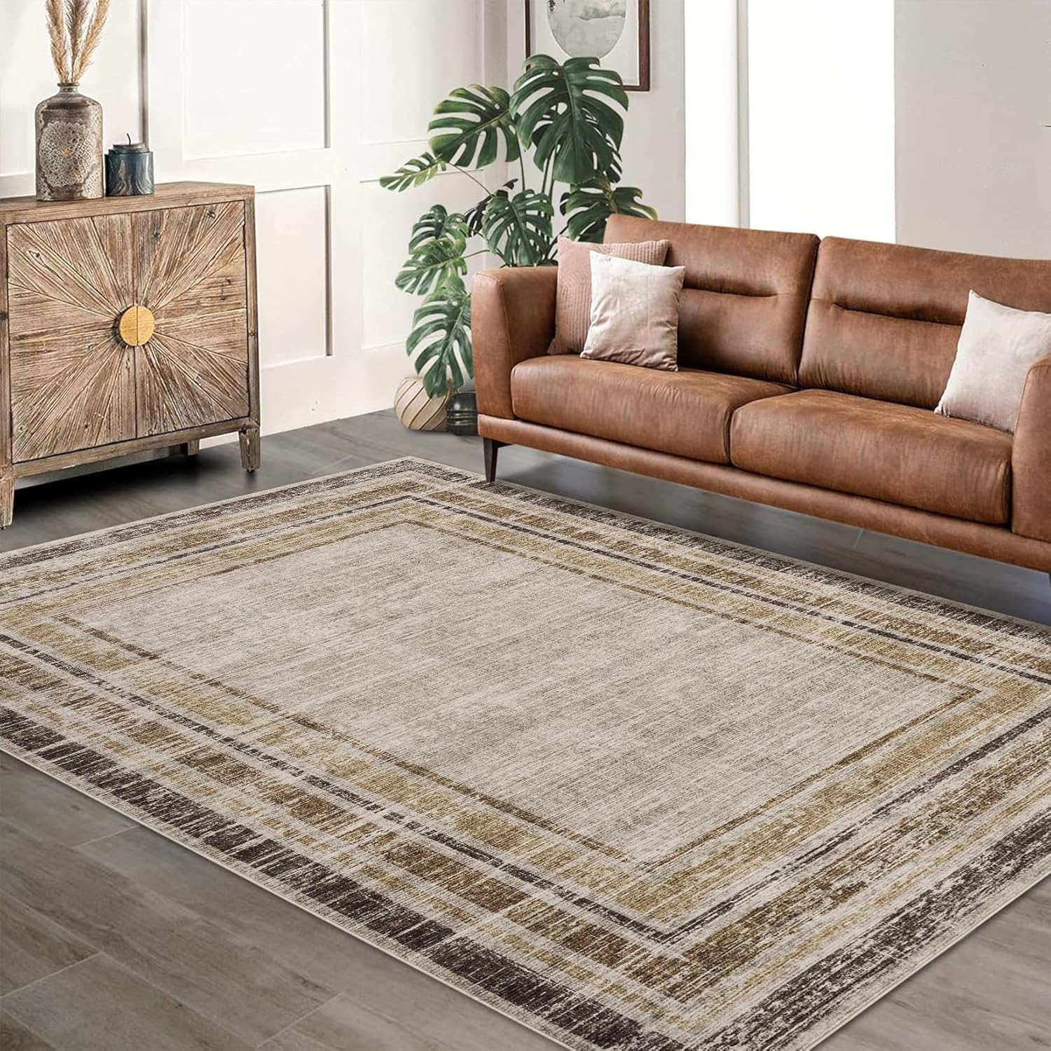 GarveeHome 10x13 Large Rugs for Bedroom Low Pile Washable Living Room Carpet Contemporary Minimalist Livingroom Rugs Non Slip Stain Resistant Area Rug Lightweight Floor Carpet for High Traffic, Brown