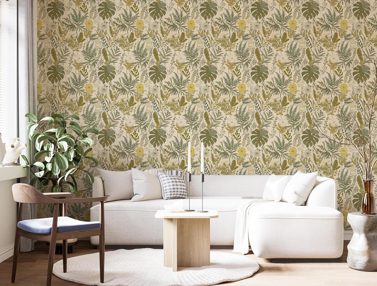 Peel and Stick Wallpaper Boho Bathroom Wallpaper Green/Yellow/Beige Wall Paper 17.7"x394" Removable Self Adhesive Contact Paper Tropical Botanical Floral Fern Leaves Wall Mural