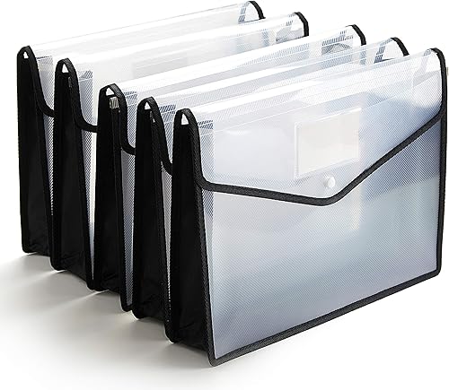 FANWU - Carpeta de plástico para archivos, con cierre de botón a presión, tamaño legal, 5 unidades, grande, impermeable, color transparente y negro