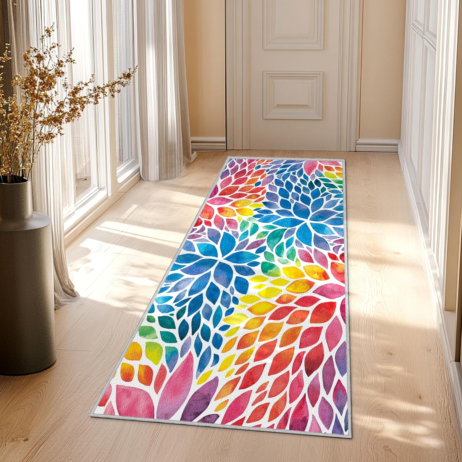 Abstract Colorful Hallway Runner Rugs, 2x6 Rug Modern Rainbow Dahlia Floral Rugs Multicolor Area Rugs, Non-Slip Machine Washable Floor Carpet for Kitchen Entryway Living Room Laundry Office