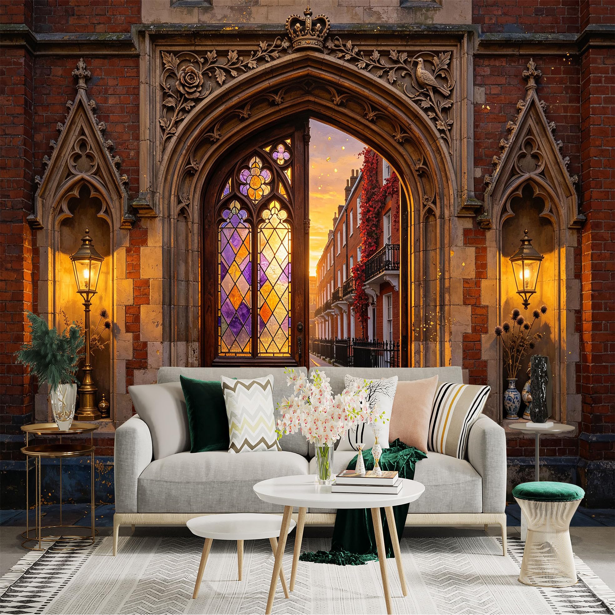 Custom Size Wall Sticker Mural， Gothic Archway with Stained Glass Door and Sunset Street， for wall Decoration， peelandstick wall Decals.