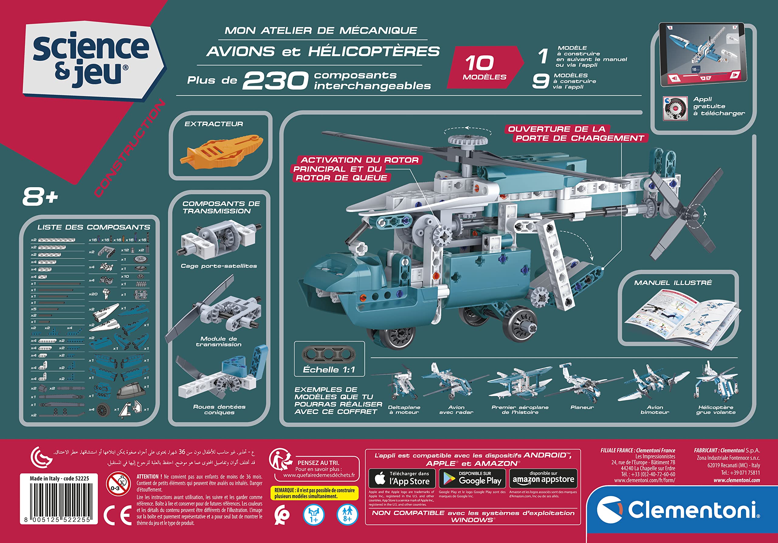 Clementoni - 52225 - Science et Jeu - Mon Atelier de Mécanique - Avions et Hélicoptères - Jeu de Construction et Création pour Enfants - Dès 8 Ans et Plus - 10 Modèles Réalisables
