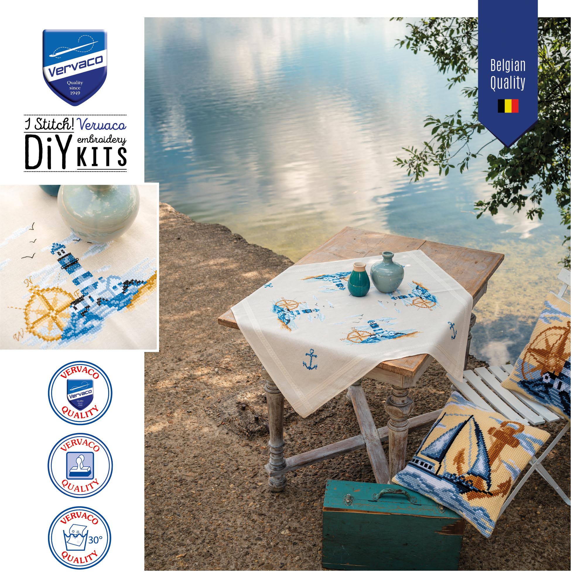 Vervaco Kreuzstich Stickpackungen Tischdecke MARINE Stickdecken Vorgezeichnet Basteln Erwachsene Kreativ Set Vorgedruckte Decke Sticken ca. 80 x 80 cm Stickset DIY Sticken Set