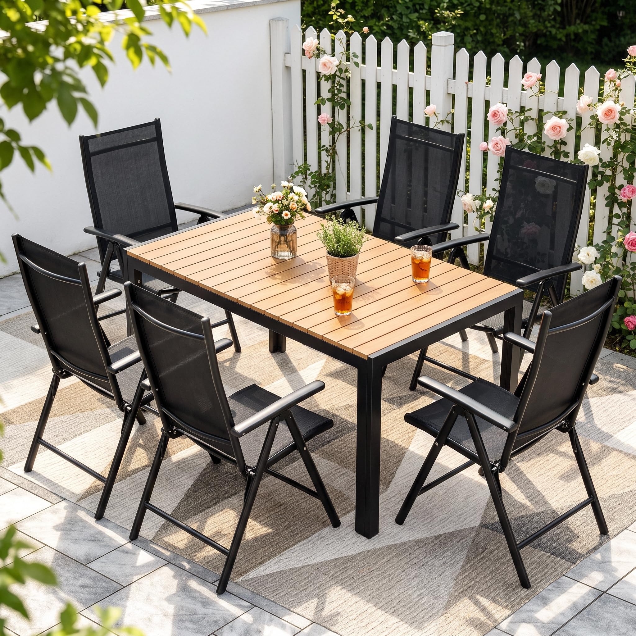 LIFERUN Gartenmöbel Set 6 Stühle mit Tisch Wetterfest, Aluminiumrahmen | WPC Gartentisch 140x90x75 cm, Verstellbare Hochlehner Klappstühle, Stabiler, Pflegeleicht, Outdoor Essgruppe Sitzgruppe