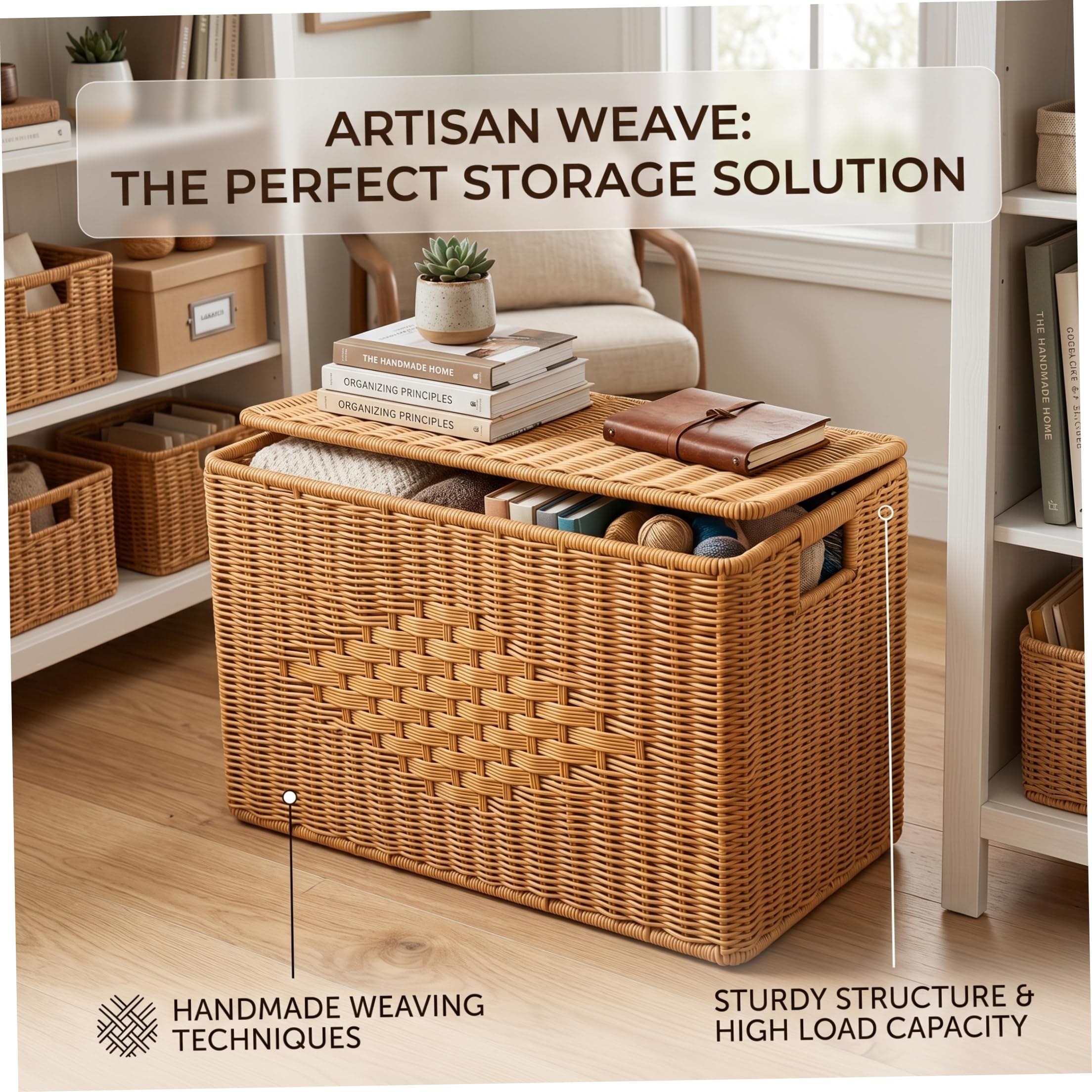 Cesta estrecha cesta tejida a mano con tapa organizador de esquina que ahorra espacio para sala de estar baño y dormitorio 15 × 6 × 10 pulgadas.