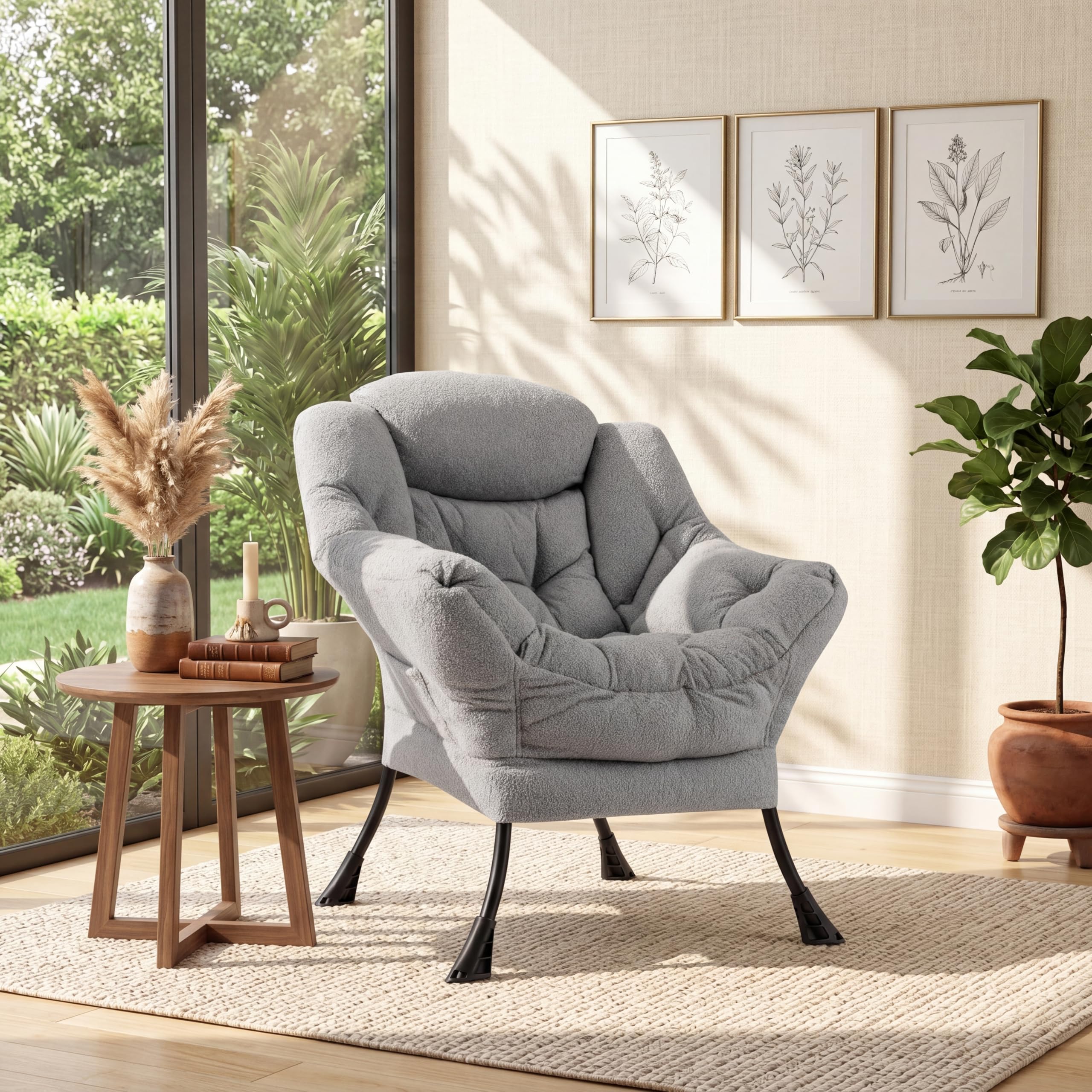 SOARS Poltrona Salotto Relax, Poltroncina da Lettura in Finto Sherpa con Braccioli, Tasca Laterale e Struttura in Metallo, Portata 150 KG, Sedia Imbottita Moderna per Soggiorno, Camera da Letto