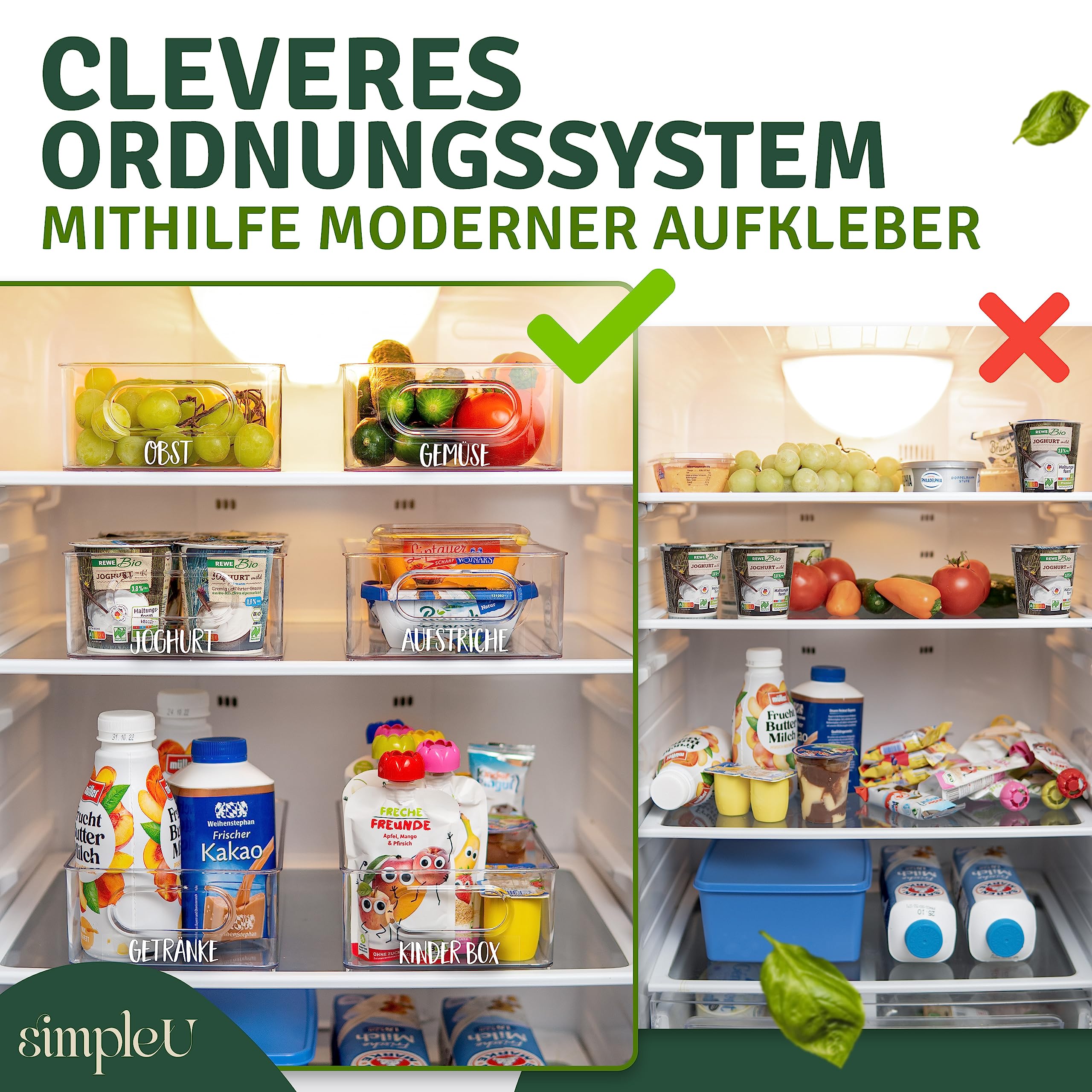 SimpleU Kühlschrank Organizer 6er Set [mit 16 Aufkleber] Premium Küchen Organizer | Aufbewahrungsbox für Kühlschrank | Vorratsbehälter | Stapelbar