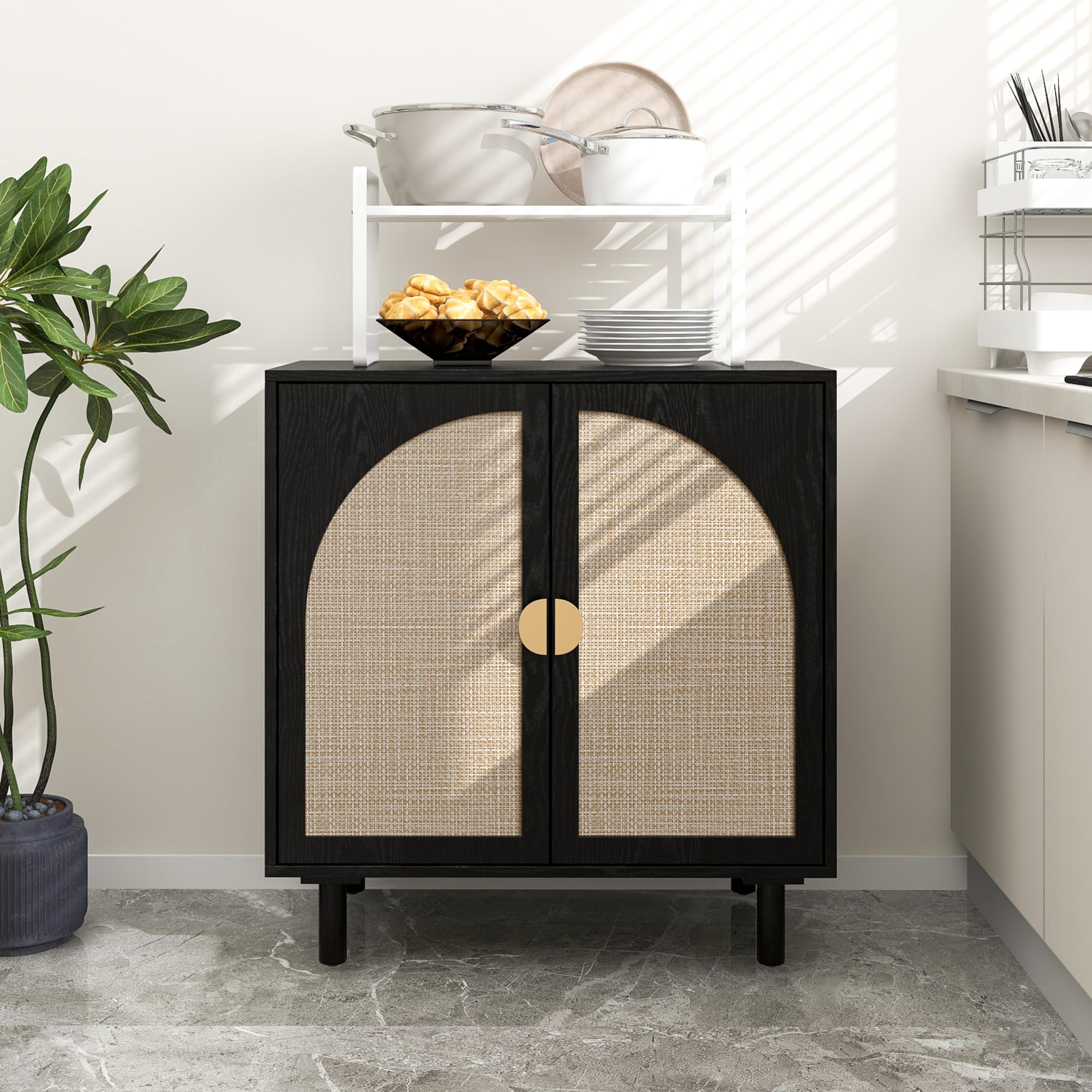 vistavie Black Rattan Storage Buffet Cabinet with 2 Door,Sideboard Storage with Solid Pine Legs,Accent Cabinet,Boho Wood Credenza Suitable for