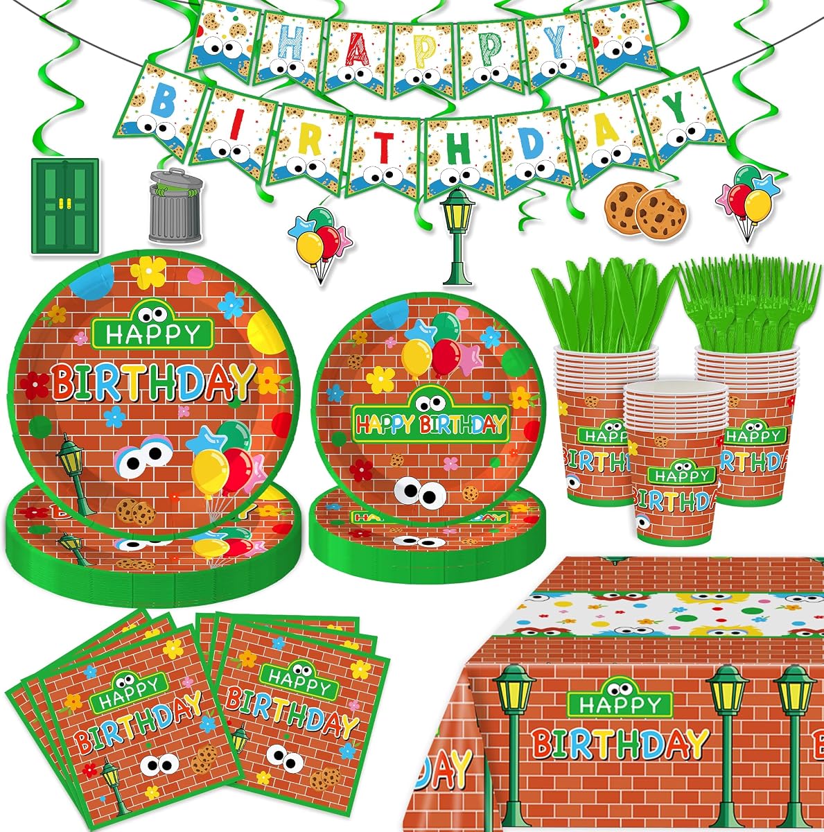 128 Pcs Cookie Birthday Party Supplies for 20 Guests, Blue Monster Inspired Birthday Decorations Kit with Plates, Cups, Napkins, Tablecloth, Banner & Cutlery, Kids Cookie Theme Party Tableware Set