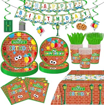 128 Pcs Cookie Birthday Party Supplies for 20 Guests, Blue Monster Inspired Birthday Decorations Kit with Plates, Cups, Napkins, Tablecloth, Banner & Cutlery, Kids Cookie Theme Party Tableware Set