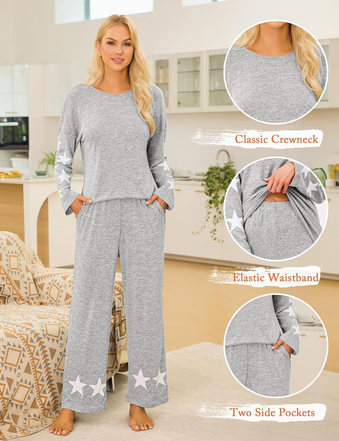 Blooming Jelly Women's Pajama Sets Star Printed Long Sleeve Pjs Fall Pajamas Lounge Sets 2 Piece Sleepwear Pockets - Image 4