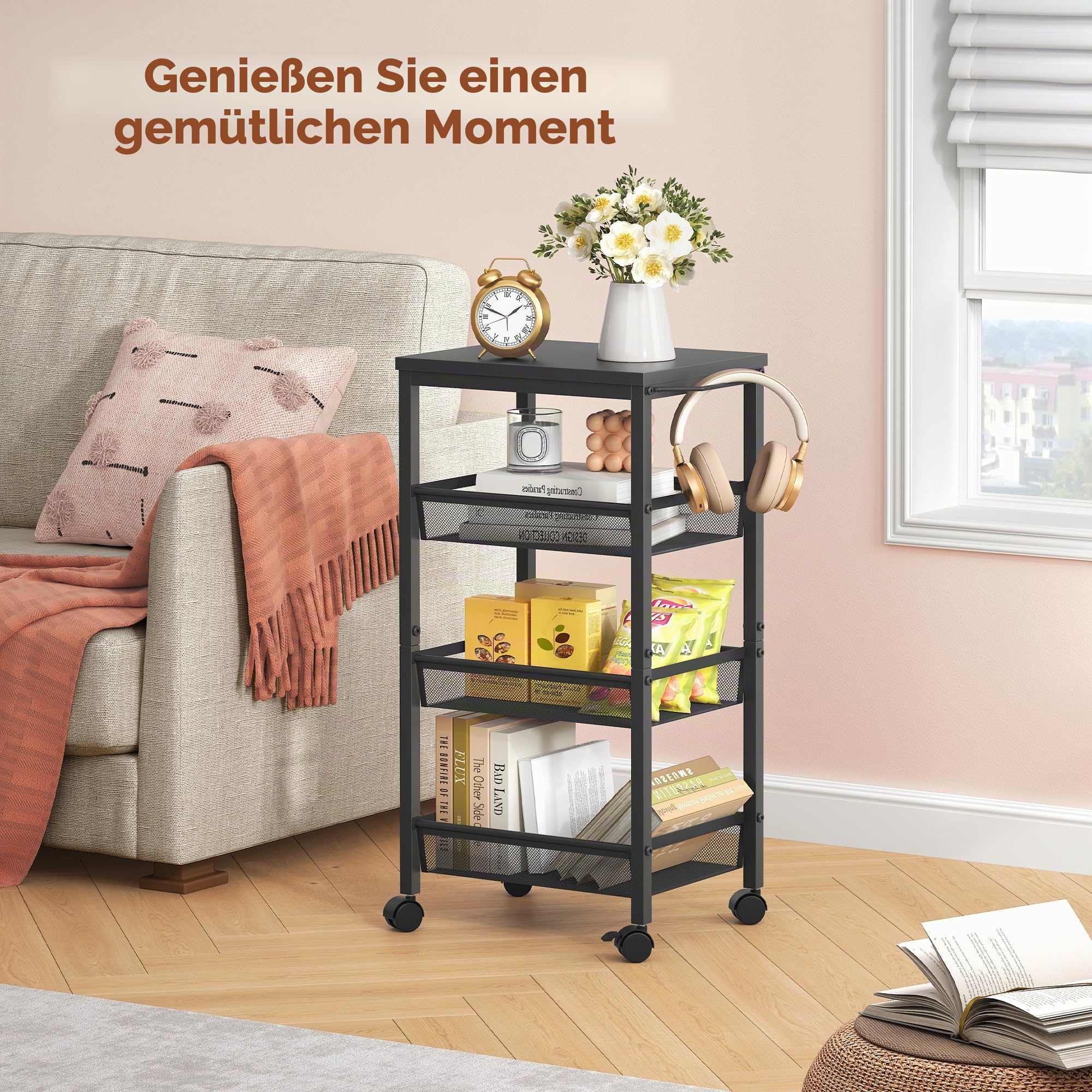 Hoctieon Nischenwagen, Nischenregal, 4-stufiger Rollwagen mit Breiter Platte, Küchenwagen mit Griff und Rädern, Mobiles Regal, schmaler Wagen mit Metallrahmen, Schwarz