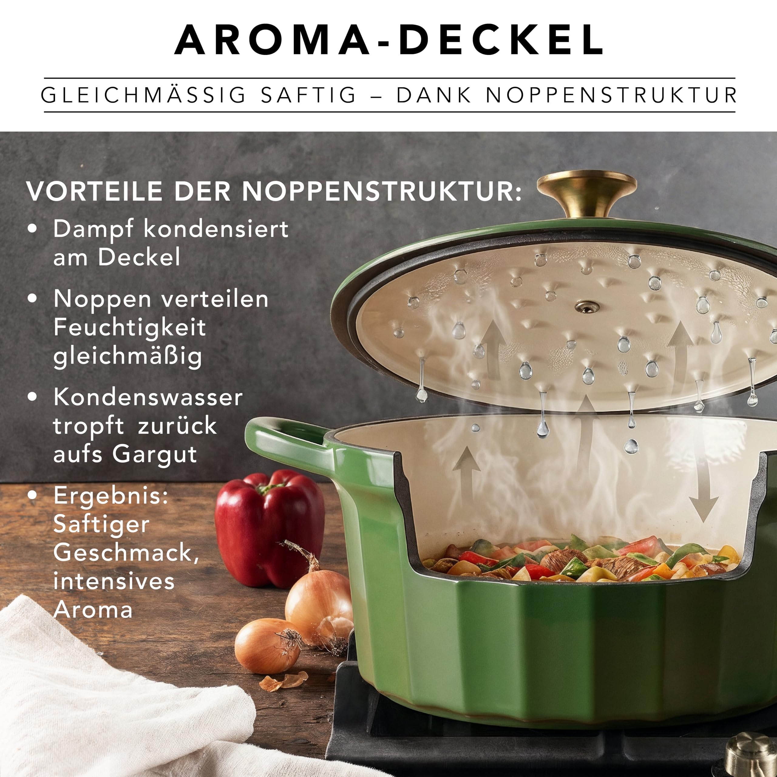 Römertopf Gusseisen Topf mit Deckel 28 cm – Bräter & Schmortopf emailliert, Dutch Oven für alle Herdarten inkl. Induktion, backofenfest bis 250 °C, PFAS-frei – Grün