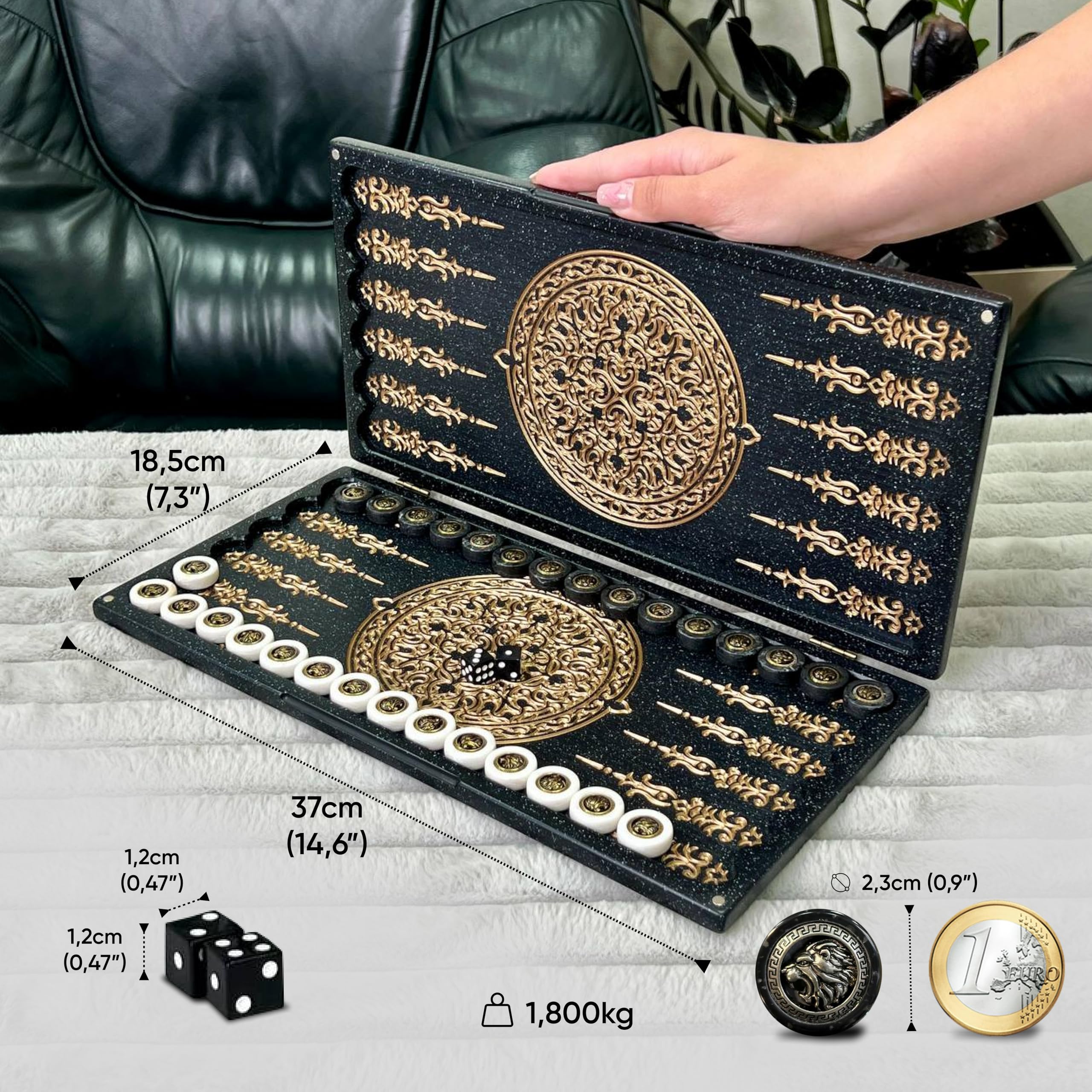 Backgammon aus schwarzem Acrylstein – Handgefertigtes Strategiespiel 37×18 cm – Geschenk mit Tasche & Spielsteinen für Männer Size: 37 cm (14,6 inch)