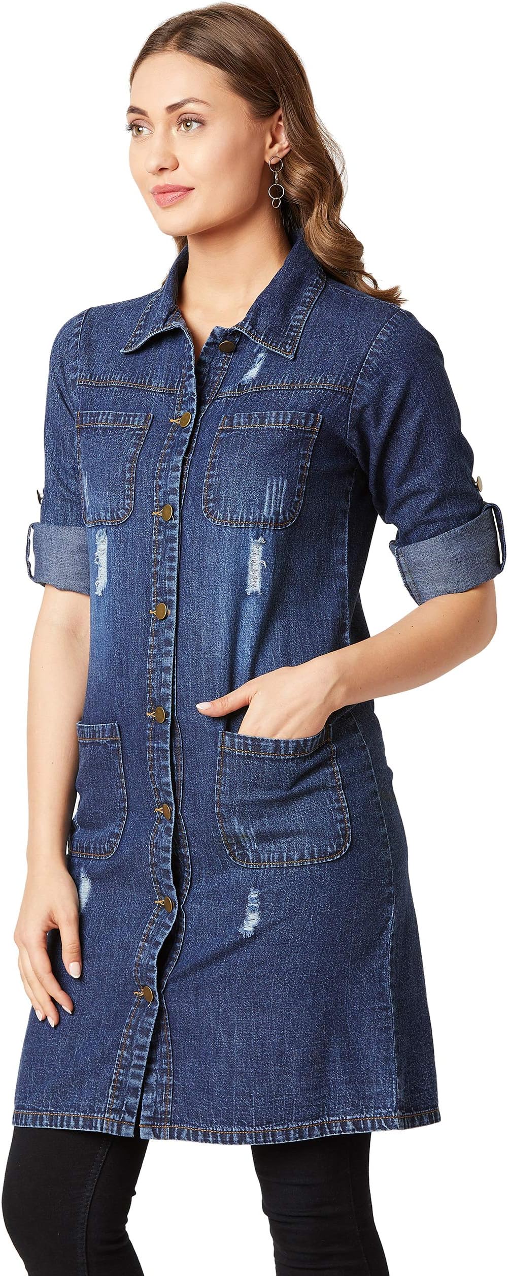 Women's Polycotton Women Collared Full Sleeves Patch Pocket Denim Knee-Length Standard Length Jacket