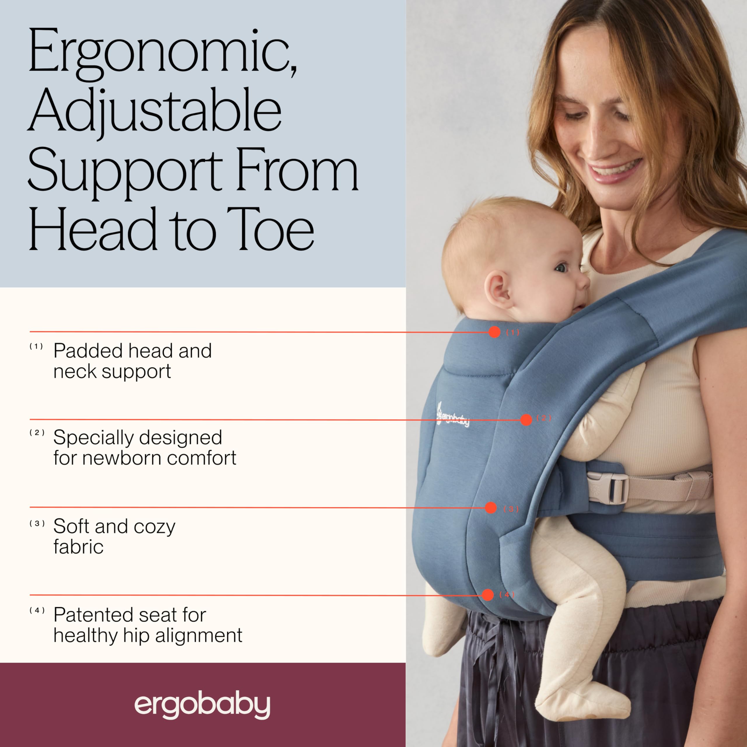 Ergobaby Embrace Babytrage für Neugeborene ab Geburt Extra Weich, Bauchtrage Baby-Tragetasche Ergonomisch, Oxford-Blau, 1 Stück (1er Pack)