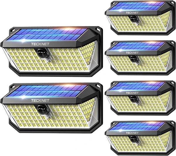 TECKNET 461 LED Solar Powered Outdoor Lights, 270° Angle & 3 Lighting Modes Motion Sensor Light Outdoor, Security Solar Lights Waterproof for Fence Front Door Yard Deck Garden Garage House - 6 Pack