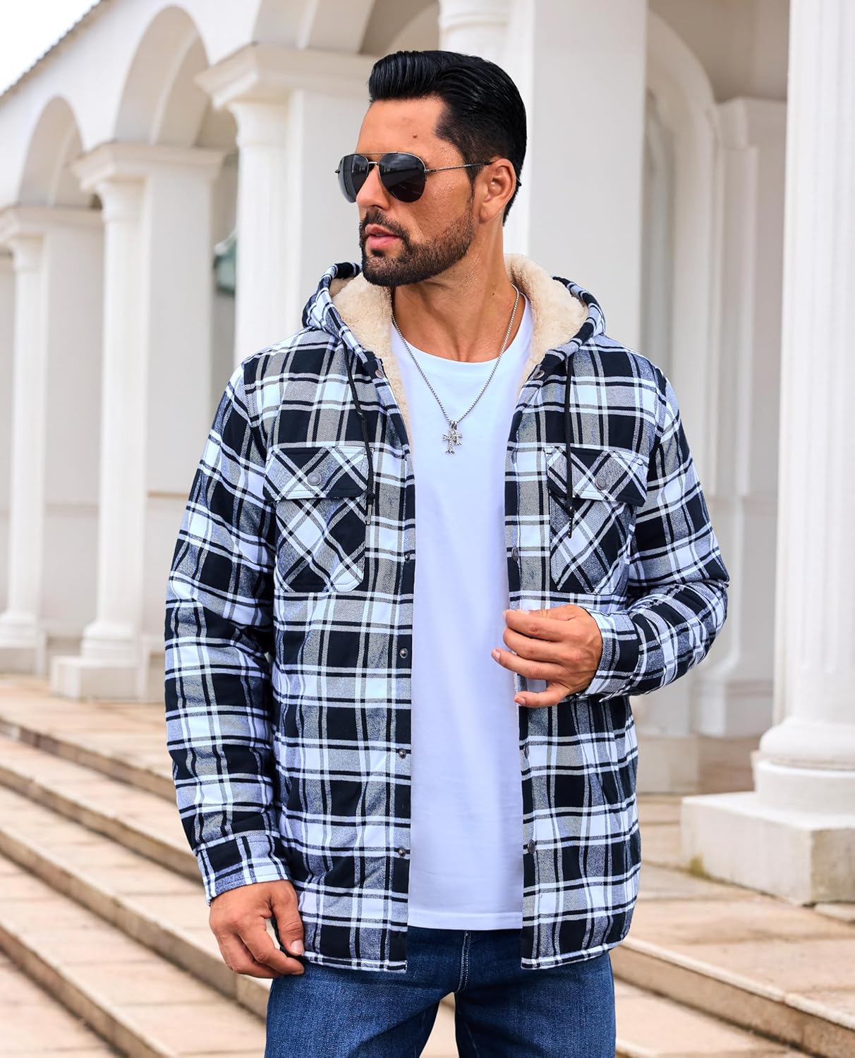 EKLENTSON Mens Winter Jacket Sherpa Lined Flannel Shirt Heavy Warm Coat Fleece Casual Button Down Cotton Plaid Hoodies - Image 2