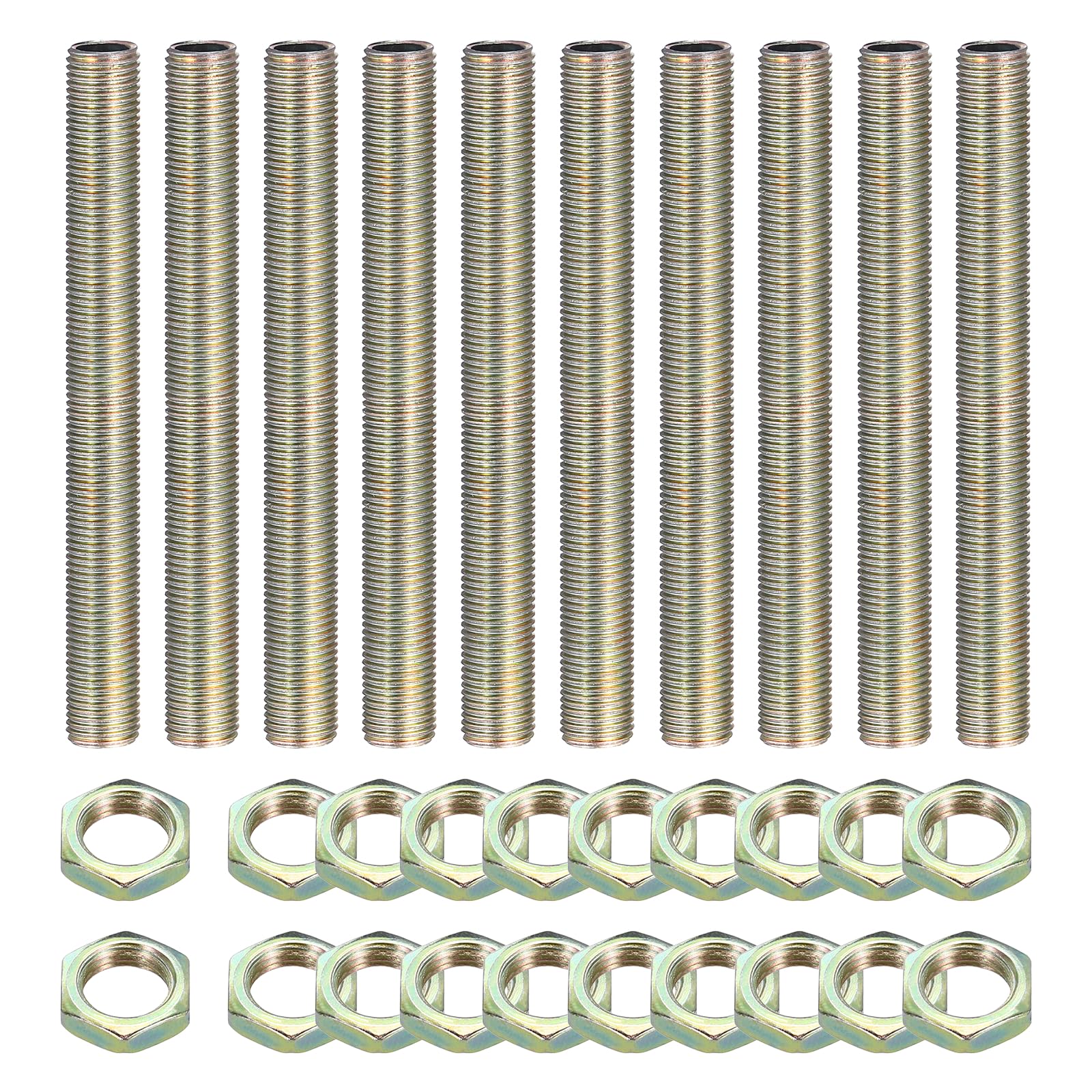 sourcing map 10Pcs 95mm Lamp Pipe Nipples Kit with Lock Nuts, M10x1 Fine All Threaded Hollow Tube Lamp Repair Hardware Fasteners for Chandelier Ceiling Lamps Assembly DIY, Color Zinc