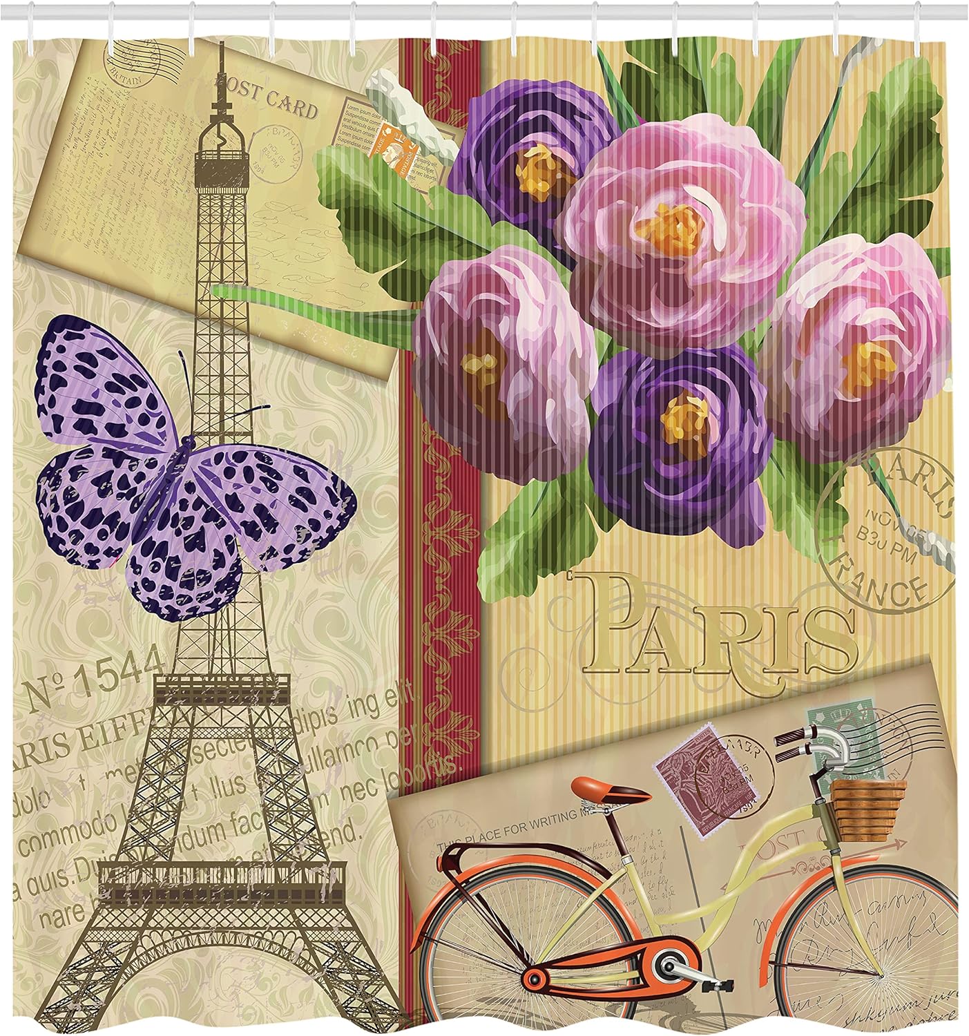 Ambesonne Paris Shower Curtain, Famous French Landmark Eiffel Tower Postcards with Abstract Striped Backdrop Print, Cloth Fabric Bathroom Decor Set with Hooks, 69" W x 70" L, Multicolor Redwood Purple